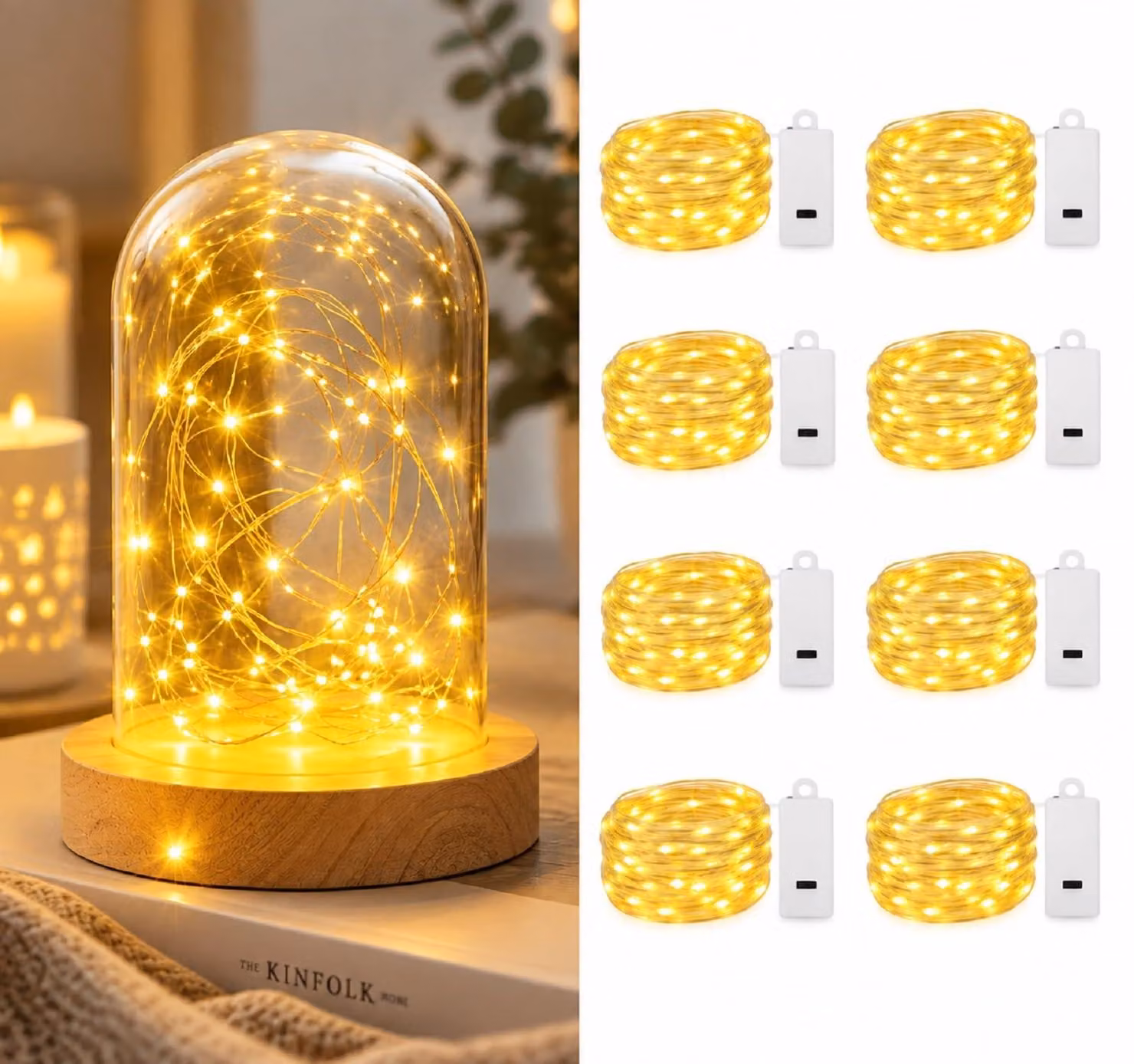 Set di 8 catene luminose LED, lunghezza 2 metri, 20 LED, luce bianca calda, per uso interno