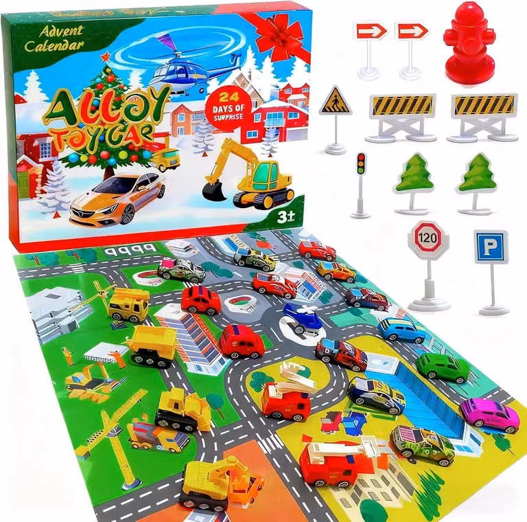 Calendario dell'Avvento per bambini 2025-24 a tema auto giocattolo: un calendario con 24 giorni di sorprese, tra cui camion dei pompieri, macchine da corsa e veicoli da costruzione
