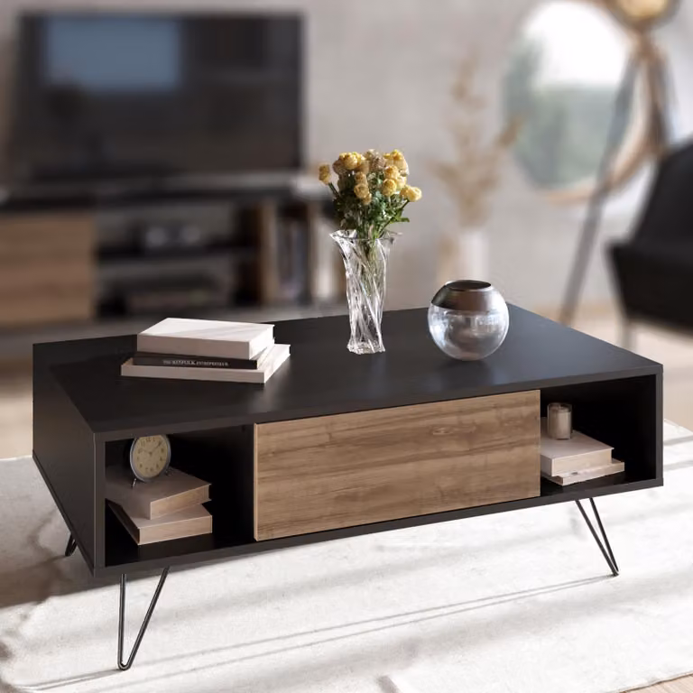 Skye Decor, tavolino moderno con gambe in metallo, nero e noce, 120 x 60 x 45,6 cm | Pannello truciolare rivestito al 100% in melamina, spessore 18 mm | Possibilità di fissaggio a parete, numerosi ripiani.