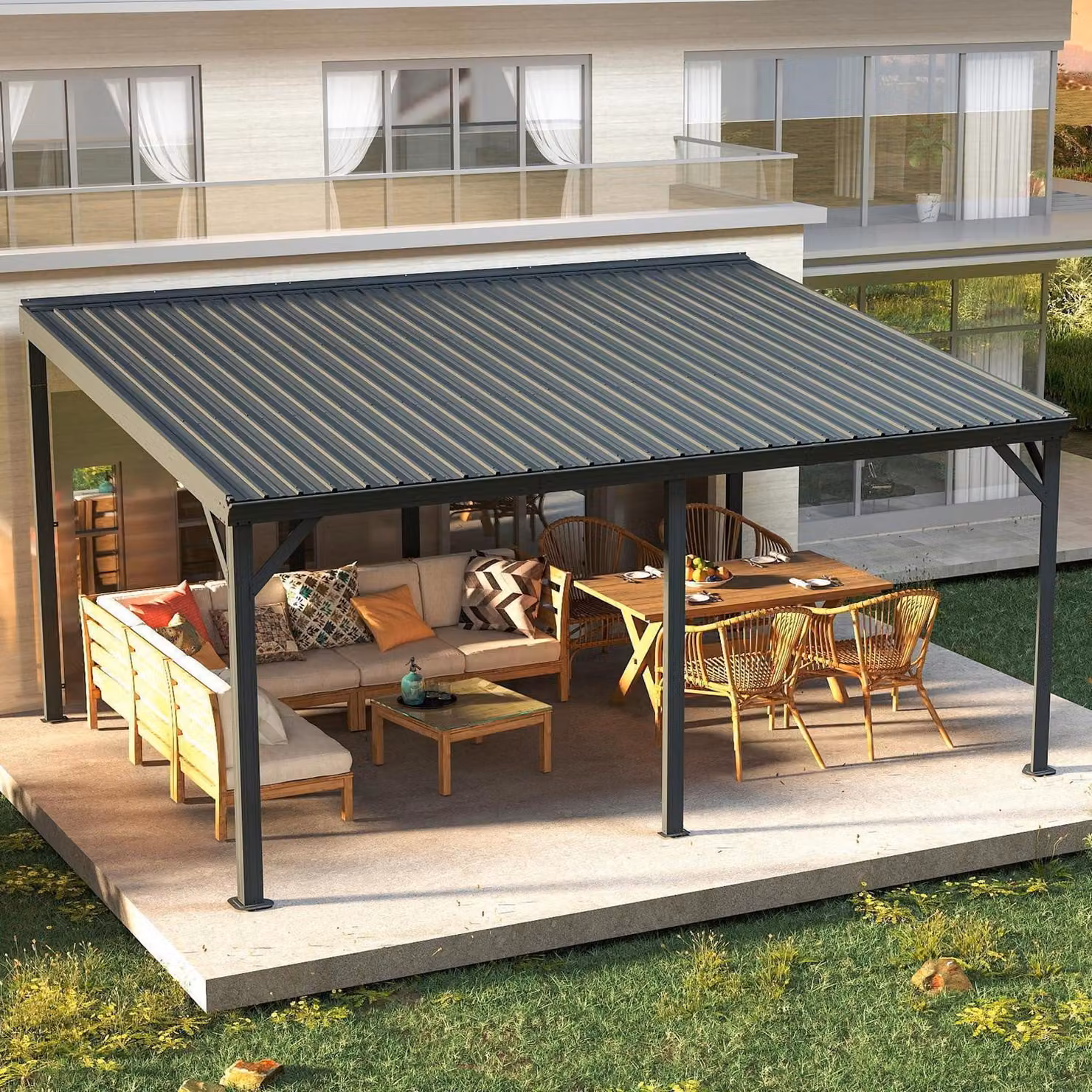 Gazebo da parete, grigio, dimensioni 3 x 4,6 metri, dotato di sistema di drenaggio e tetto in acciaio zincato