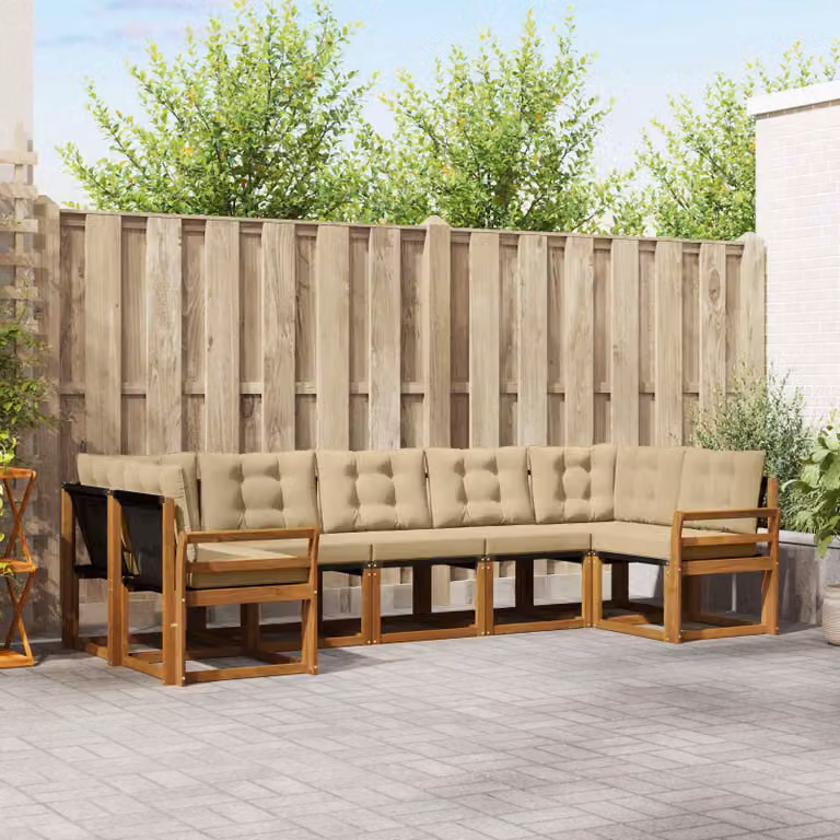 Set di divani da esterno vidaXL 7 pz in legno di acacia e textilene, colore beige e marrone, design moderno a forma di L con cuscini inclusi