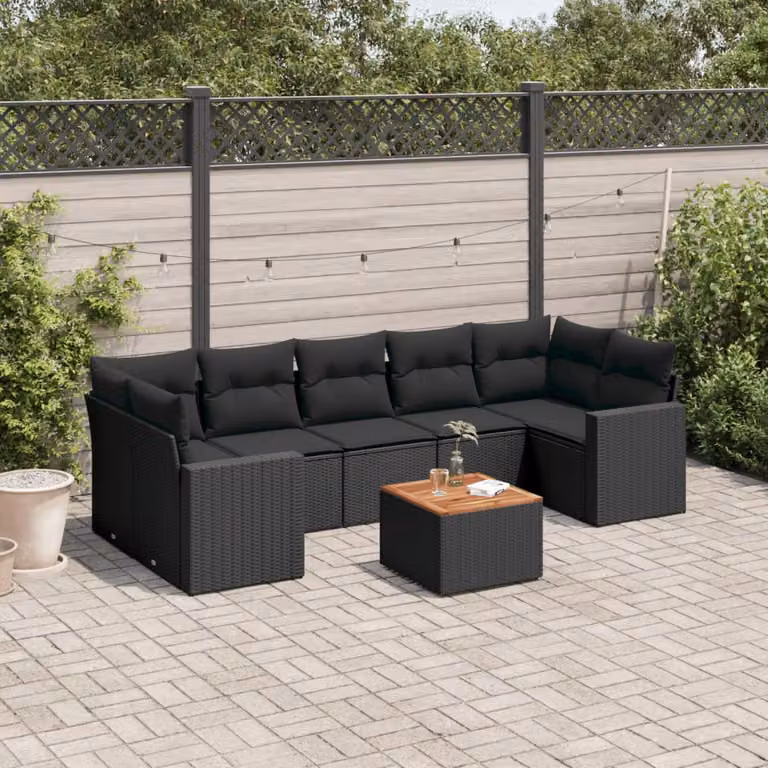 vidaXL Set Divani da Giardino a L con Cuscini 8 pz in Polyrattan Nero e Marrone con Tavolino da Esterno