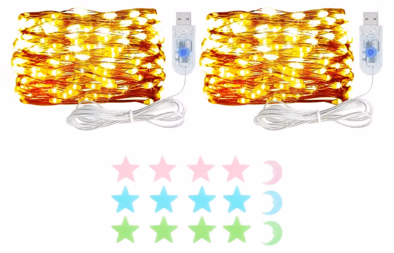 2 catene luminose a LED, lunghezza 5 metri, 50 LED, 8 modalità, alimentazione USB, luce bianco caldo, grado di protezione IP65