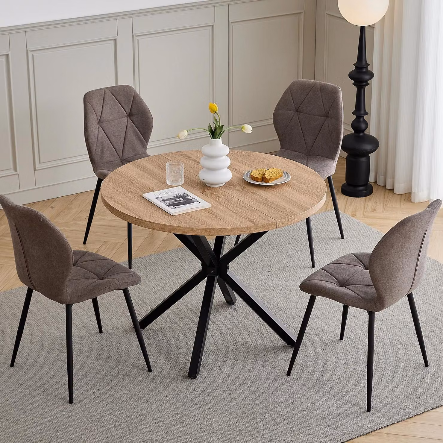 Essgruppe - Tavolo rotondo da pranzo con 4 sedie - Sedie imbottite - Struttura in metallo - Design moderno minimalista - Da montare autonomamente - Colore marrone