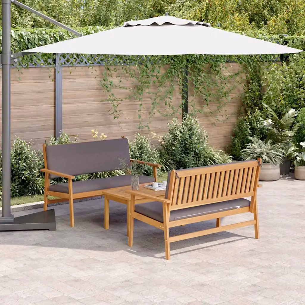 Set Divano da Giardino vidaXL 3 Pezzi in Legno di Acacia Marrone con Cuscini e Tavolino da Caffè