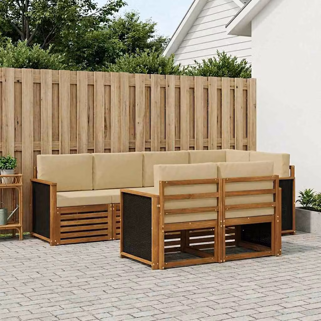 Set di divani da esterno vidaXL 6 pz in legno di acacia con cuscini beige e bianchi a forma di L per giardino e terrazza
