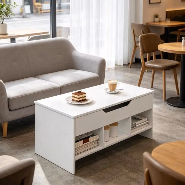 Tavolino da caffè 51x96x45 cm sollevabile trasformabile in legno e metallo bianco