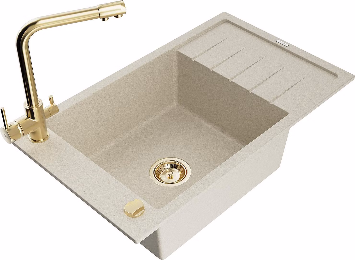 Mexen Elias lavello da cucina in granito a 1 vasca con scolapiatti e rubinetto Duero, beige - 6511-69-671600-50