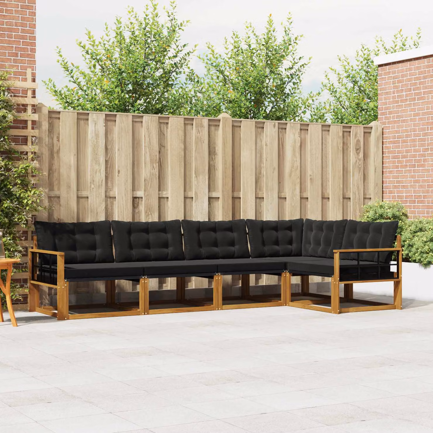 Set di divani da esterno vidaXL a forma di L composto da 5 pezzi in legno di acacia con cuscini inclusi, colore marrone e nero