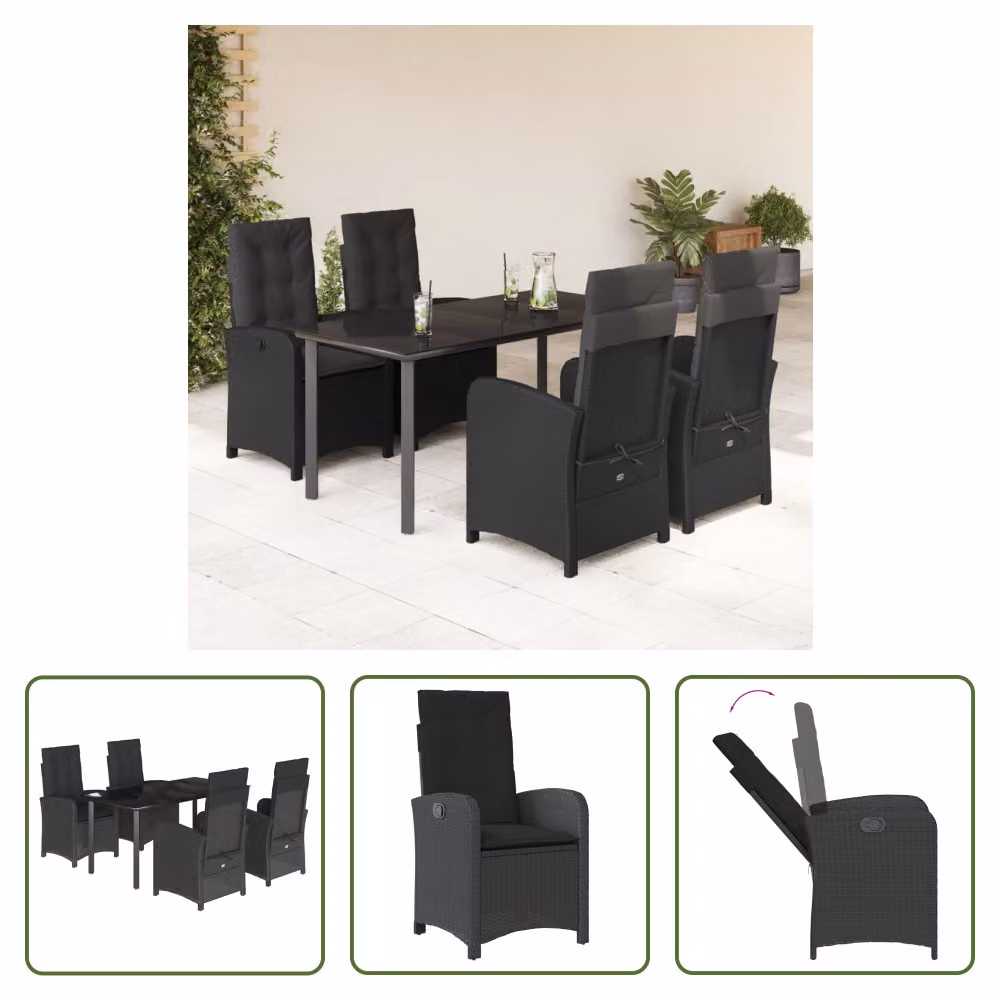 The Living Store Set da pranzo da giardino 5 pezzi con cuscini in poly rattan nero