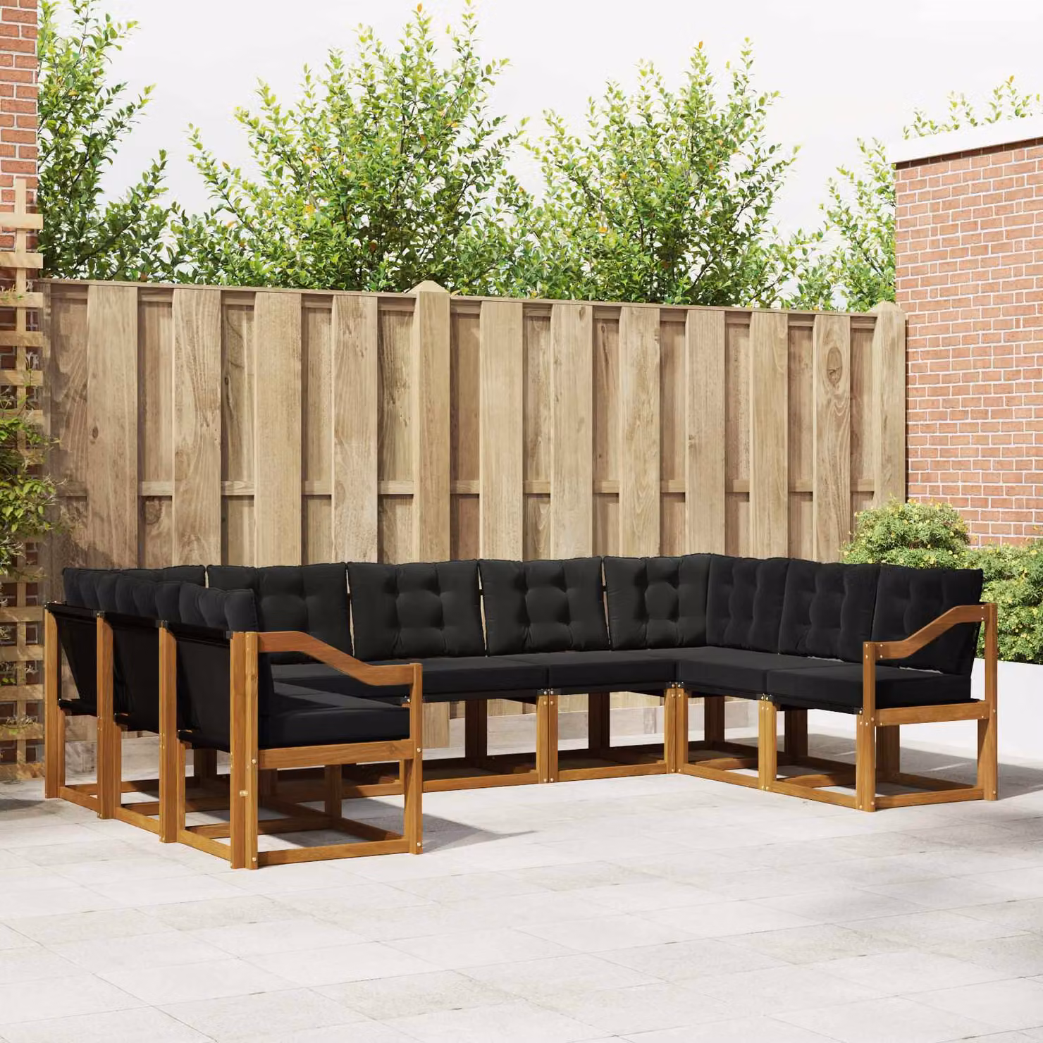 Set di divani da esterno vidaXL 9 pz in legno di acacia con cuscini in tessuto nero e marrone per giardino e terrazza
