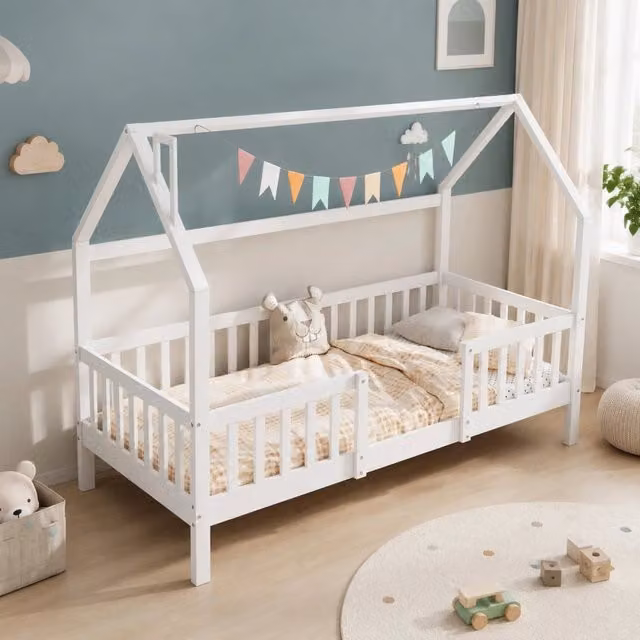 Letto per bambini a forma di casetta in legno di pino 90x200 cm, struttura robusta bianca senza materasso