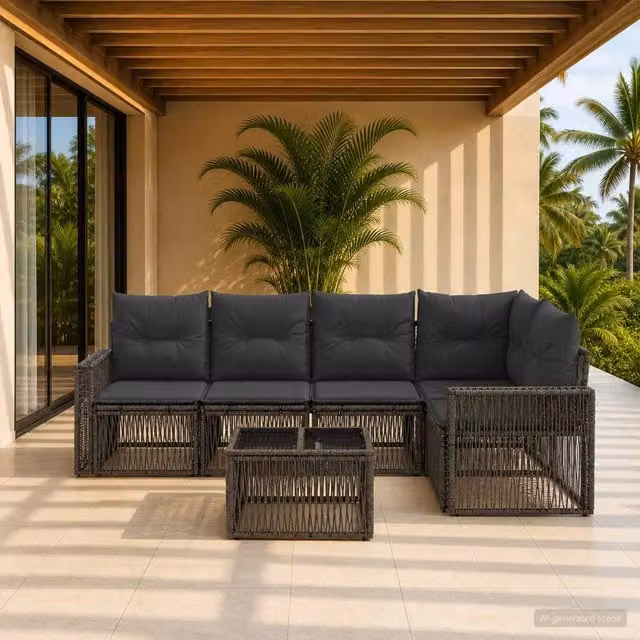 Set Divano da Giardino a L con Tavolino vidaXL, 6 Pezzi, Grigio e Antracite, in Polyrattan con Cuscini Inclusi