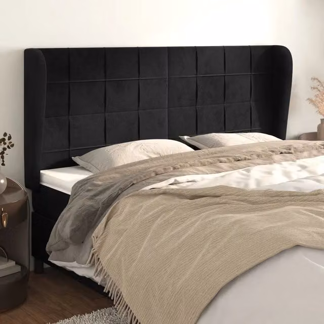 Testiera ad orecchio vidaXL in velluto nero con struttura in legno L: 203 cm, P: 23 cm, H: 118/128 cm