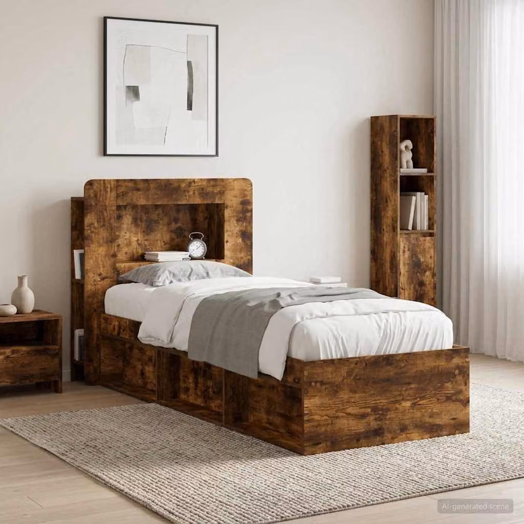 Testata del letto moderna vidaXL in legno ingegnerizzato colore Rovere Fumo con ripiani integrati