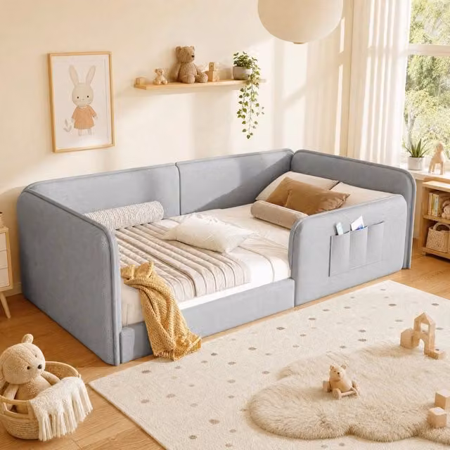 Letto singolo 90 × 200 cm con tasche portaoggetti, rivestimento in lino, imbottitura in schiuma, senza materasso, grigio