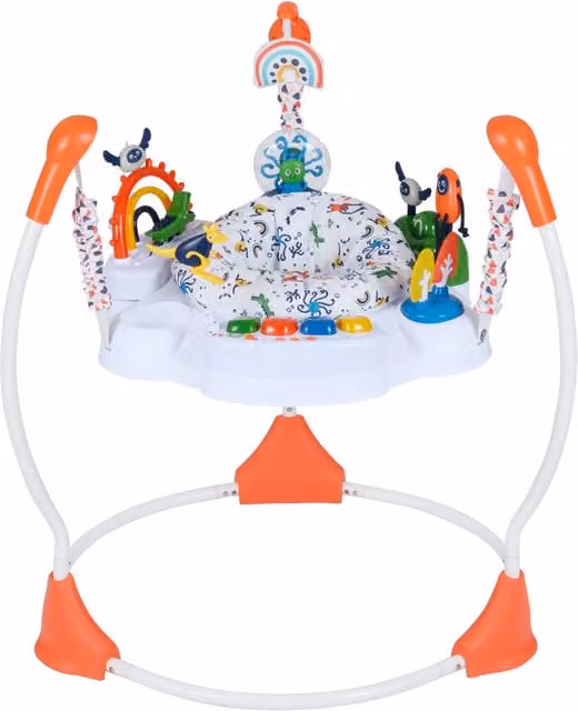 Centro attività Jumperoo arancione con 6 giocattoli interattivi, luci e musica, tavolo girevole 360 gradi e altezza regolabile per neonati da 6 mesi in su