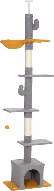 Albero per gatti PawHut da pavimento a soffitto con 6 livelli, piattaforme, amaca e nicchia, grigio chiaro, Altezza: 275 cm