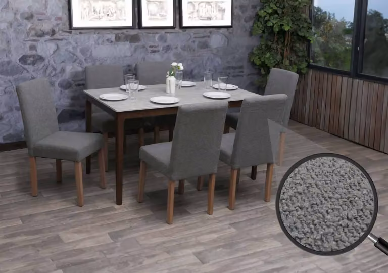 set di 6 sedie da sala da pranzo Littau, sedia da cucina con schienale alto, tessuto/textile bouclé legno ~ grigio, gambe color naturale