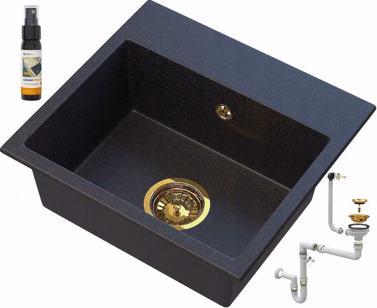 Granitan - Lavello in granito - Lavandino 45x42 cm - Lavello cucina nero - con sifone oro - MINI