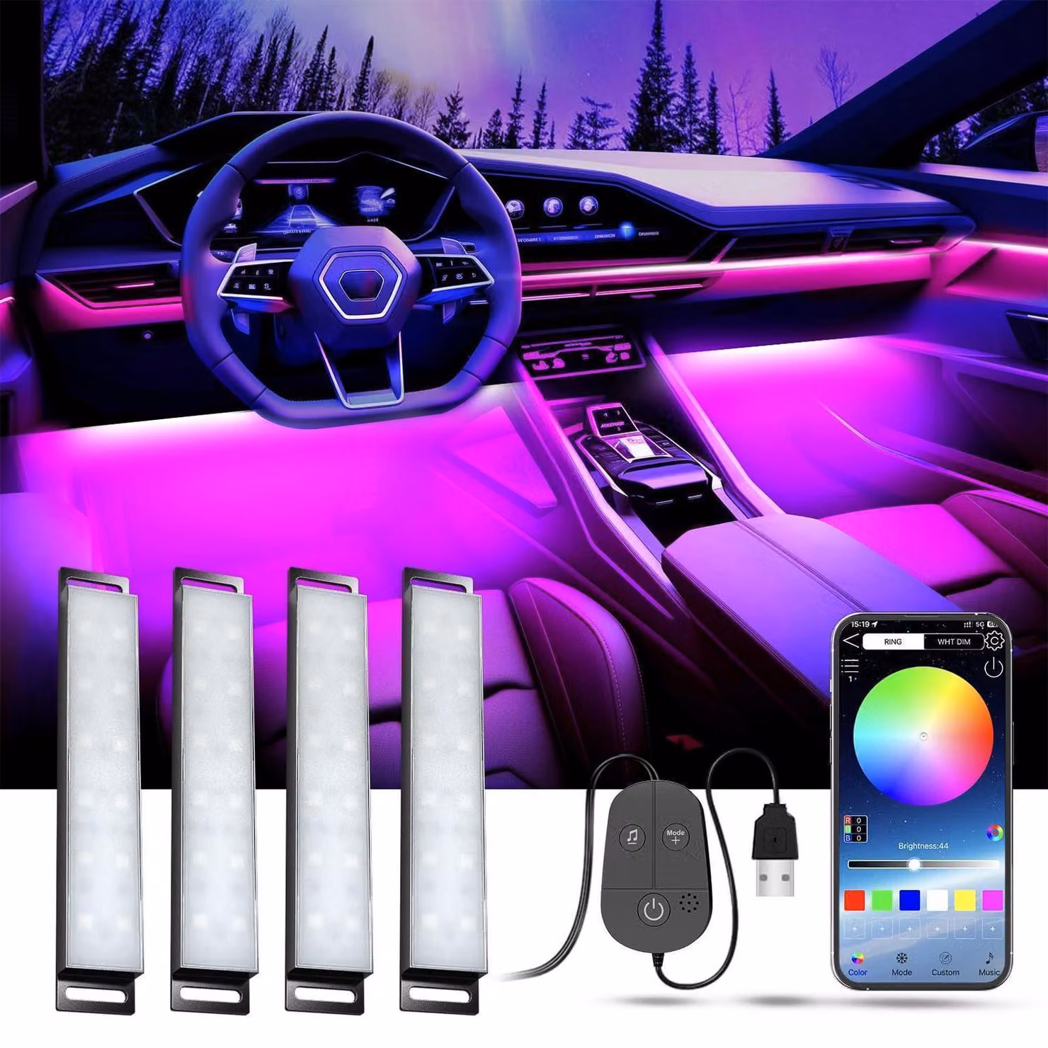 Illuminazione interna per auto a LED con controllo tramite app, 16 milioni di colori, modalità musicale, alimentazione USB 5V