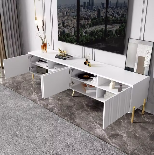 Mobile TV MODFU bianco con 4 ante e gambe dorate L/P/H: 190 x 38 x 48 cm