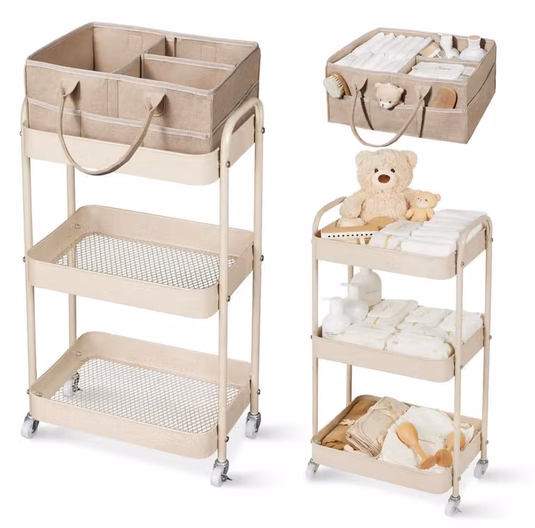Organizzatore per fasciatoio con carrello mobile, articoli essenziali per neonati, colore marrone