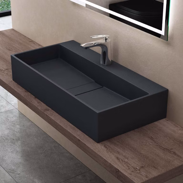 ddoporro Lavabo da Bagno Rettangolare 80 cm in Resina Minerale Antracite Opaco, Lavandino Sospeso / da Appoggio con Foro Rubinetto - Col6028