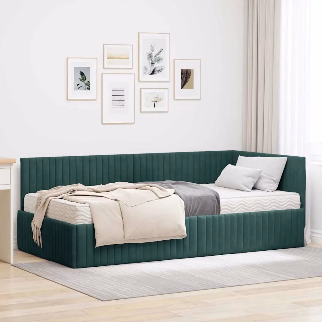 vidaXL Letto Angolare Moderno in Velluto Verde con 2 Materassi, L/P/H: 200 x 100 x 72 cm – 1