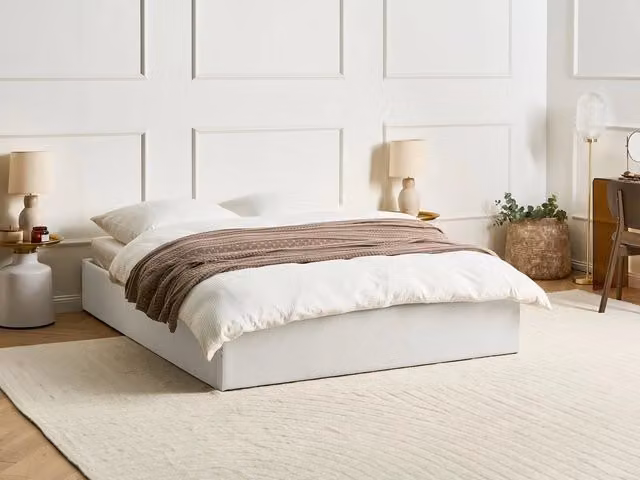 Letto matrimoniale con contenitore BELIANI in tessuto beige e bianco stile moderno L/P: 160 x 200 cm, H: 167 cm – 1