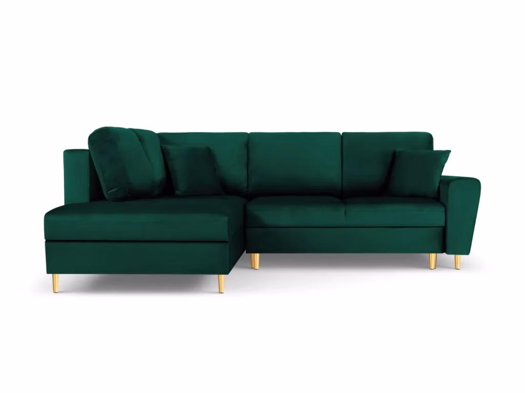 Divano angolare convertibile Kyoto Cosmopolitan Design con contenitore, 5 posti, in velluto verde bottiglia e oro, lato sinistro, L: 243 cm, P: 194 cm, H: 88 cm – 2