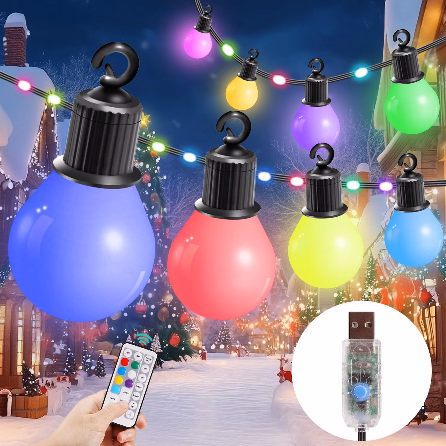Catena luminosa a LED, 12,5 metri, multicolore, grado di protezione IP65, 100 LED + 20 lampadine G40, RGB