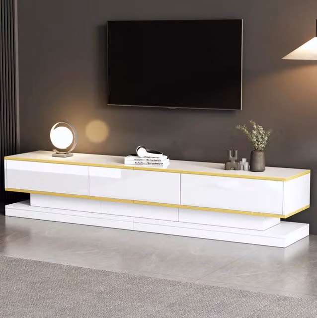 Mobile TV 200 x 40 x 40 cm con 3 cassetti; bianco caldo lucido e bordo dorato