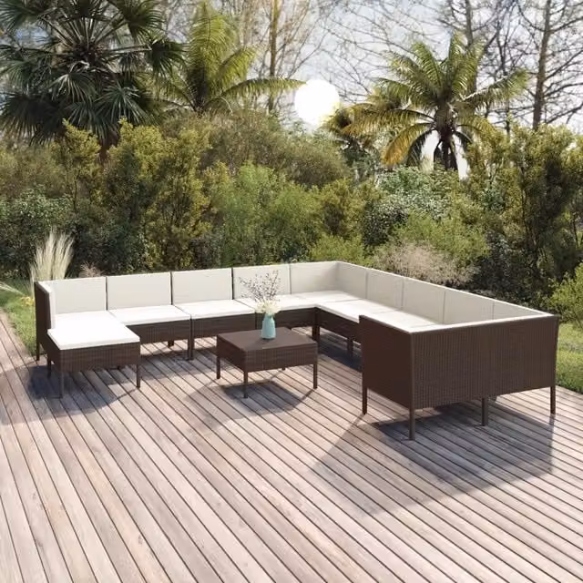 Set di Divani da Giardino vidaXL a Forma di U con Cuscini e Tavolino, Colore Marrone e Bianco