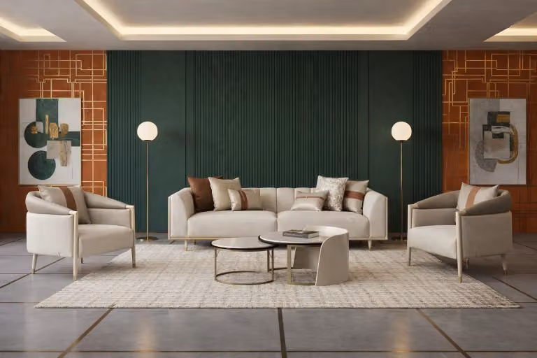 Elegante set da salotto beige: divano a 3 posti, poltrona, tavolino da salotto, mobili di design