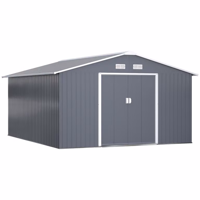 Capanno per attrezzi in metallo Moonbite, con fondamenta, di 12,4 m², giardino con tetto a falda, porte scorrevoli e 4 aperture per finestre, dimensioni del capanno: 340 × 386 × 200 cm, colore grigio