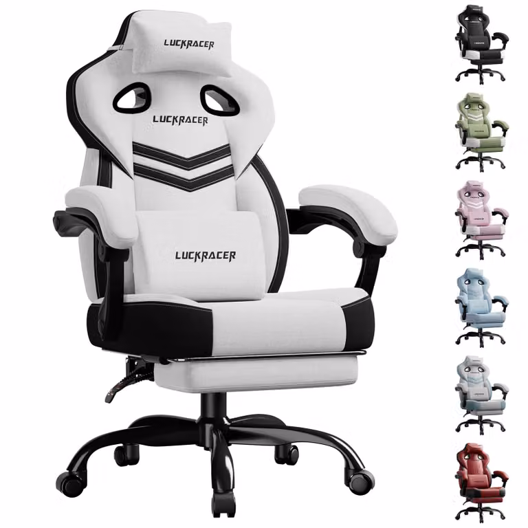 LUCKRACER sedia da gioco, sedia da ufficio con braccioli collegati, cuscino in memory foam, angolo di inclinazione di 90-155° e poggiapiedi, tessuto funzionale e resistente