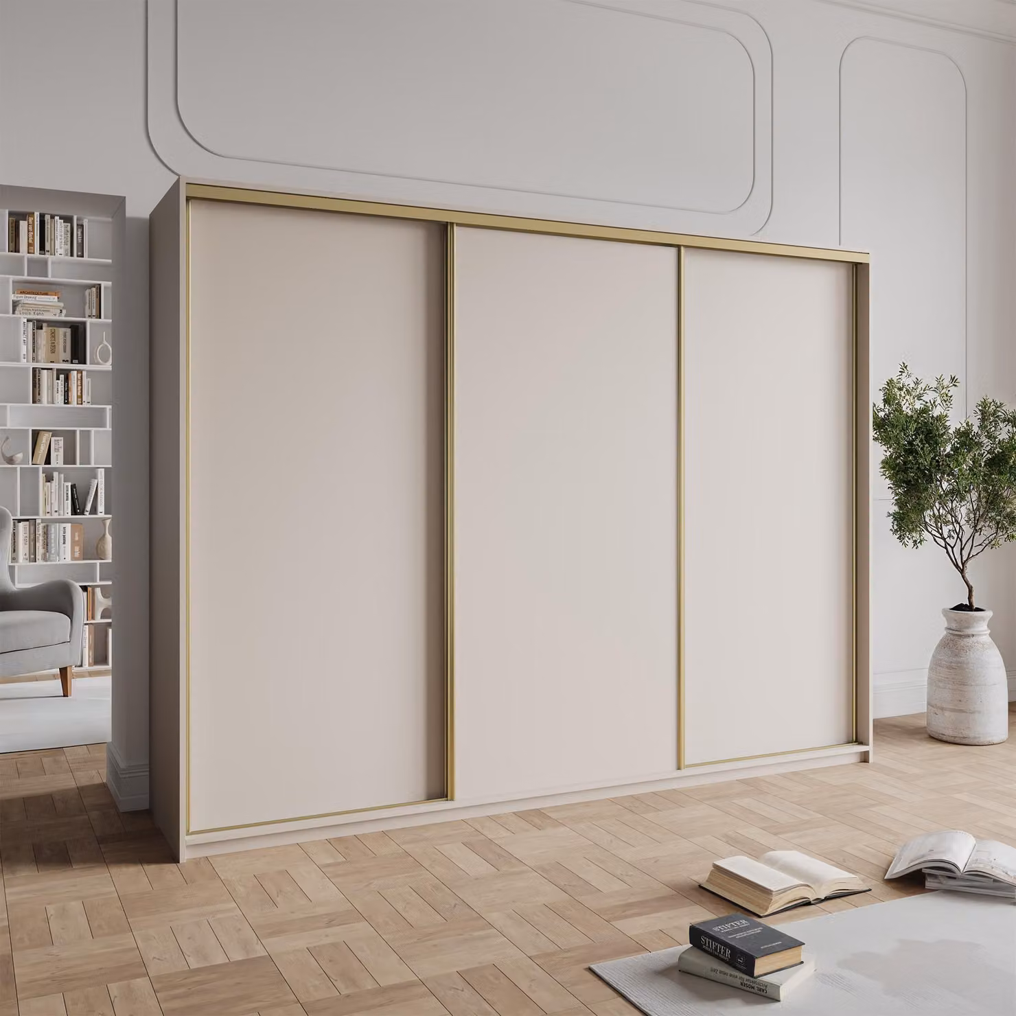 Armadio scorrevole Masseno NISSE 250/205/60 cm Armadio con 4 cassetti Armadio per camera da letto a 3 ante Cashmere