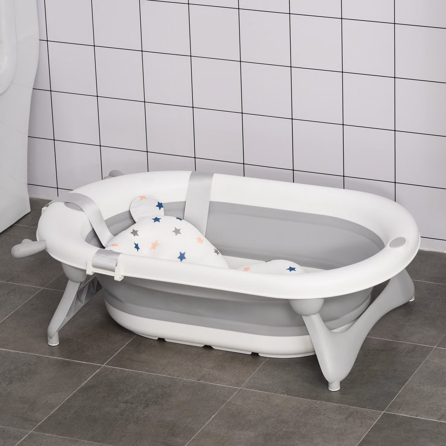 Vaschetta Bagnetto Pieghevole HOMCOM per Bambini 0-3 Anni con Indicatore di Temperatura, Cuscino e Base Antiscivolo, Bianco e Grigio, L: 81.5 cm, P: 50.5 cm, H: 23.5 cm – 2