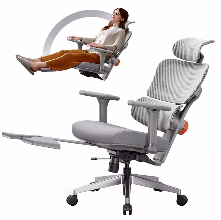 Sedia da ufficio ergonomica - Modello NT002 - Supporto lombare regolabile - Poggiatesta e braccioli 4D regolabili - Poggiapiedi pieghevole - Schienale in rete - Grigio