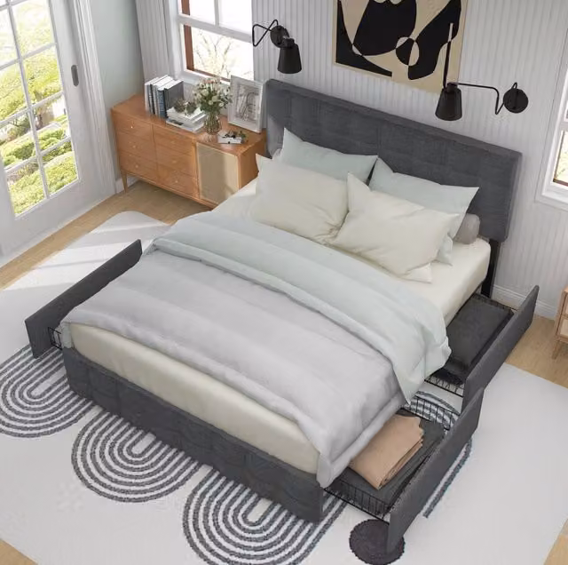 Letto matrimoniale imbottito ULEVR 140x200 cm con materasso, 4 cassetti e testiera regolabile, grigio
