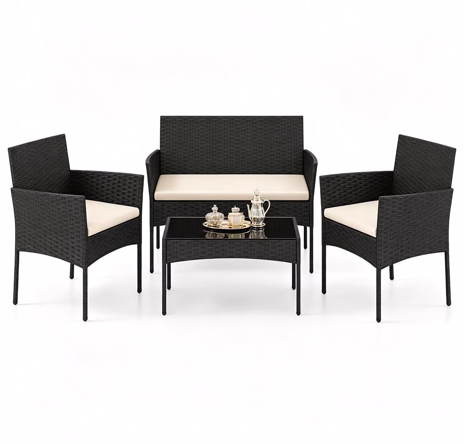 Set da giardino KOMFOTTEU, composto da 4 pezzi: un tavolino in vetro, 2 sedie e una panca. Set di sedute da esterno in rattan con struttura in metallo, dotato di cuscini imbottiti. Ideale per terrazzi, balconi, giardini e piscine