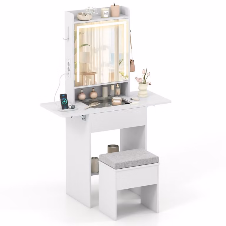 Costway Tavolo da trucco moderno con specchio Hollywood LED, piano in vetro e sgabello con contenitore, colore bianco