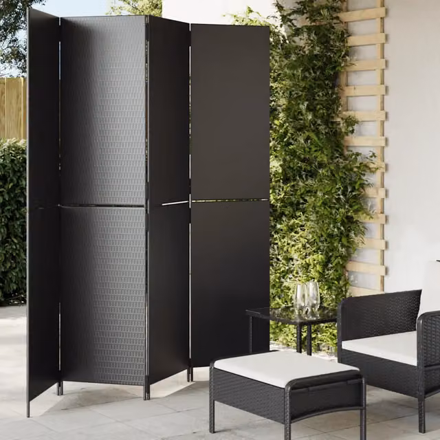 Divisorio per ambienti vidaXL a 4 pannelli in polyrattan e metallo nero