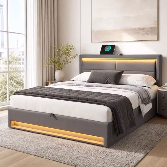Letto imbottito matrimoniale 140x200 cm in PU grigio con USB; LED e contenitore