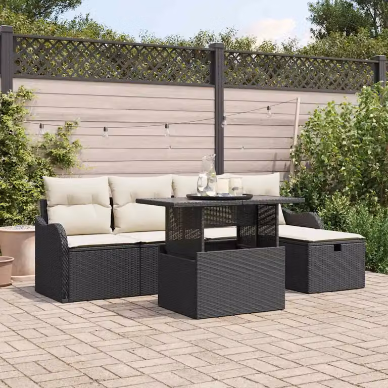 Set Divano da Giardino a L vidaXL in Polyrattan Nero con Cuscini e Tavolino da 6 Pezzi