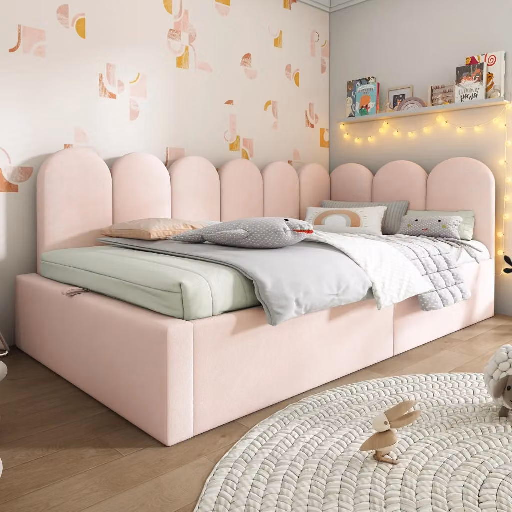 Letto singolo imbottito Chicfurn con contenitore e rete sollevabile in velluto rosa, L/P/H: 90 x 190 cm – 2