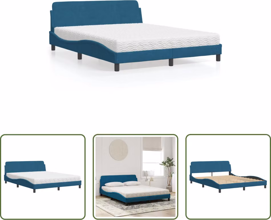 The Living Store Letto con materasso blu 160x200 cm in velluto