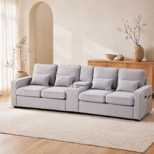 Divano 4 posti MIVRAY in tessuto effetto lino grigio con console portabevande, ricarica USB e 4 cuscini, L/P/H: 290 x 88 x 83 cm