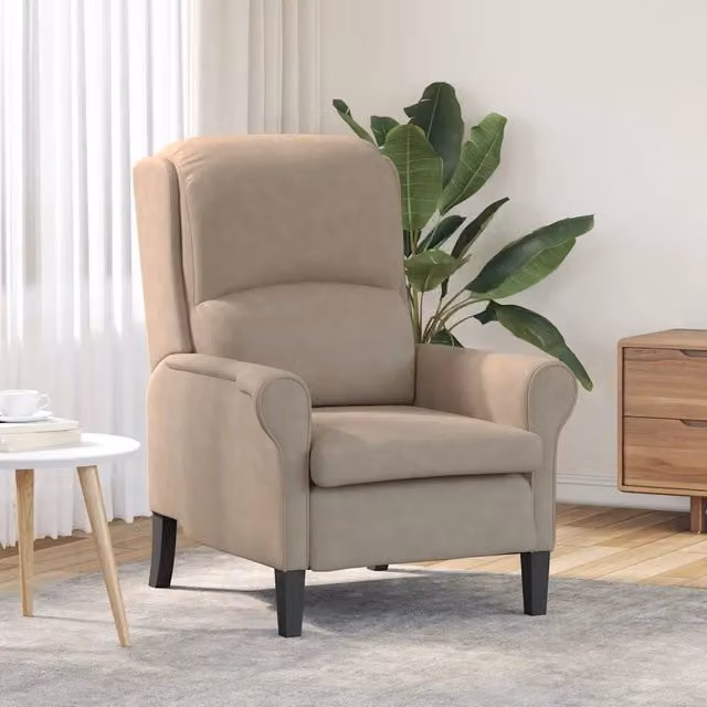 Poltrona moderna vidaXL in microfibra beige con braccioli e struttura in legno di gomma per il tuo soggiorno